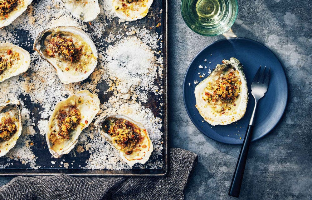 Roast Oyster with Bone Marrow and Pistachios